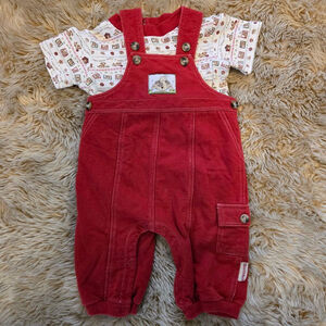 Vintage Two Piece Health Tex Baby Boys Red Puppy Dog Bodysuit Overalls set